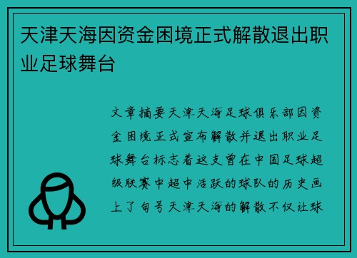 天津天海因资金困境正式解散退出职业足球舞台